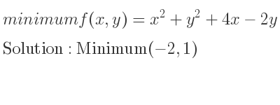 The minimum f(x,y)=x^2+y^2+4x-2y+6 is Minimum(-2,1)